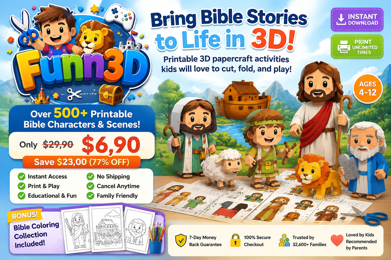 Family assembling colorful 3D paper Bible crafts together at a bright table