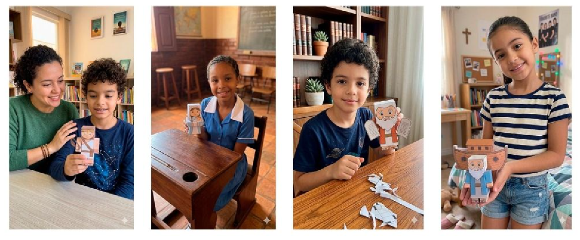 Children crafting together with colorful paper and finished projects