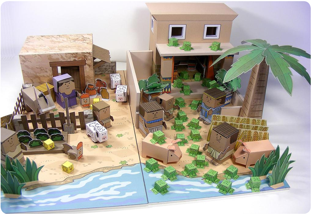 3D papercraft set showing the plagues of Egypt and a Nile village scene