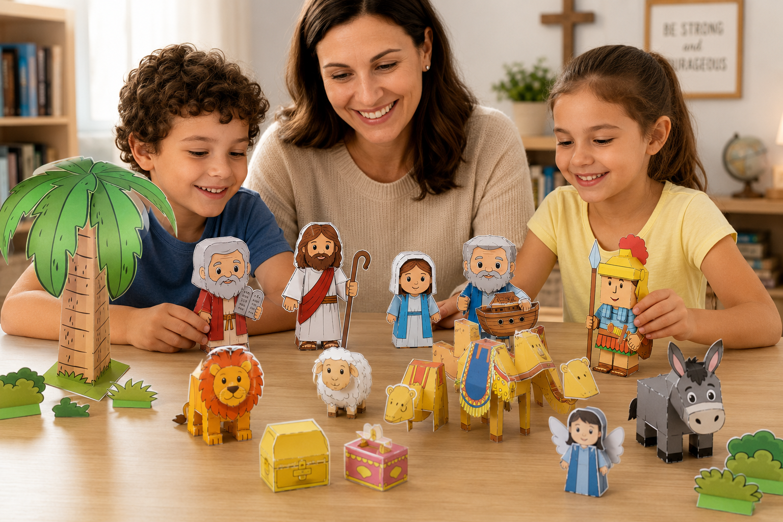Collection of colorful 3D Bible papercraft figures — Jesus, Noah's Ark, Moses, lions, sheep, angel